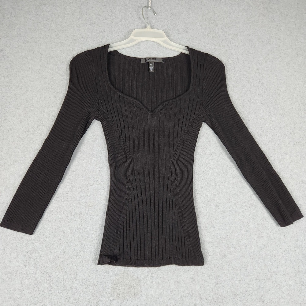 White‎ House Black Market Sweater Womens XS Brown Ribbed Knit Sweetheart Neck